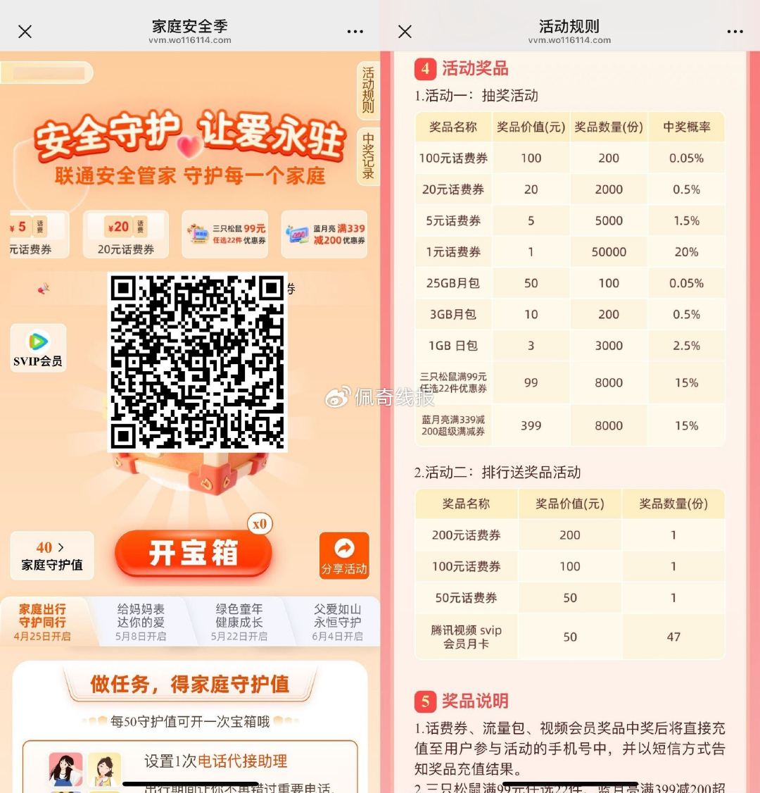 联通家庭安全季抽1~100亓话fei ,v打开分享10次得100守护值 ,每50守护者抽1~100亓 ... ...