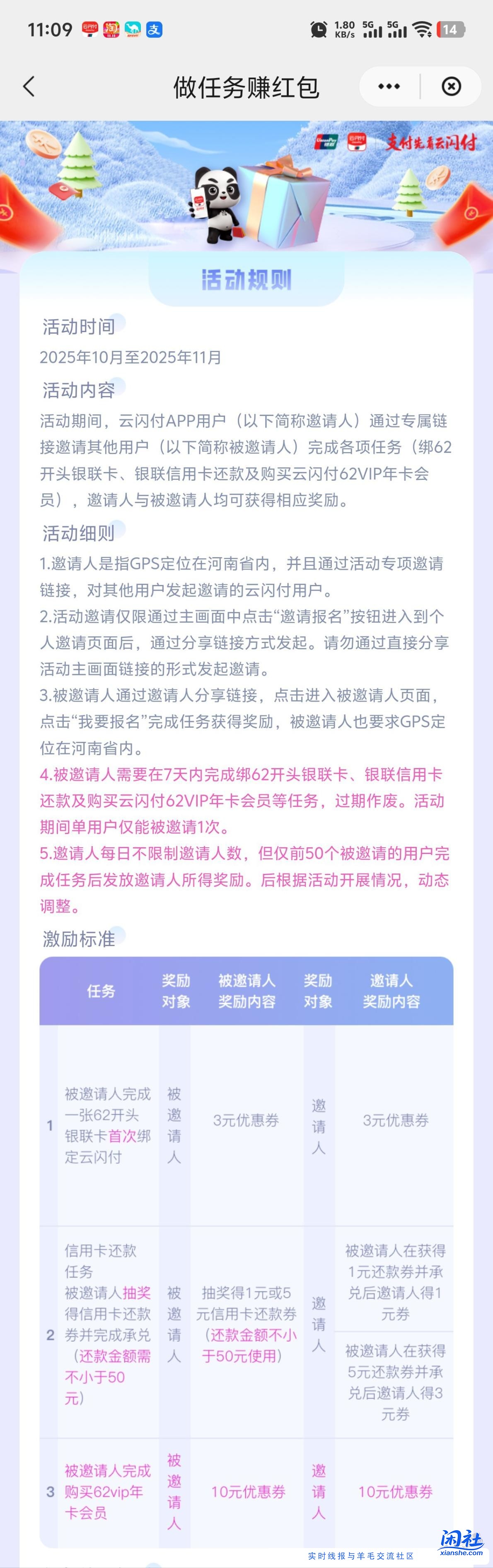 云闪付河南会员续期叠加红包最低20一年