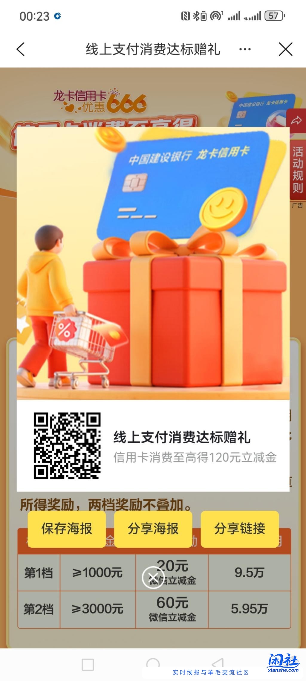 建行11-12线上消费3000给120元记得报名